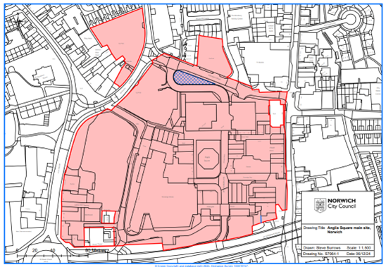 Aerial map drawing with site shown as a hatched red area