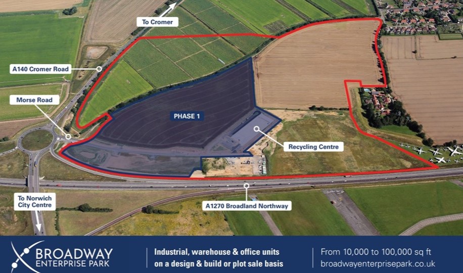 Aerial photo of site with outer perimeter marked in red