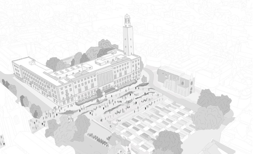 Aerial drawing of County Hall and market area to the front