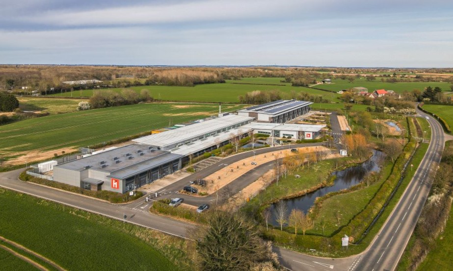 Aerial photo of large industrial buildings