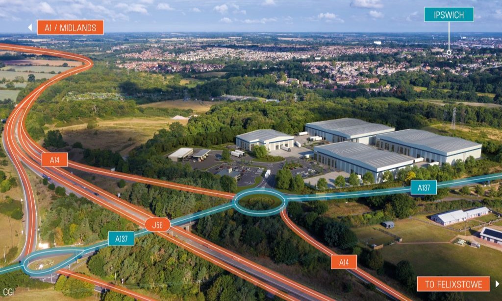 Aerial view of site mock-up with Ipswich in the background and A14 to Felixstowe in the foreground