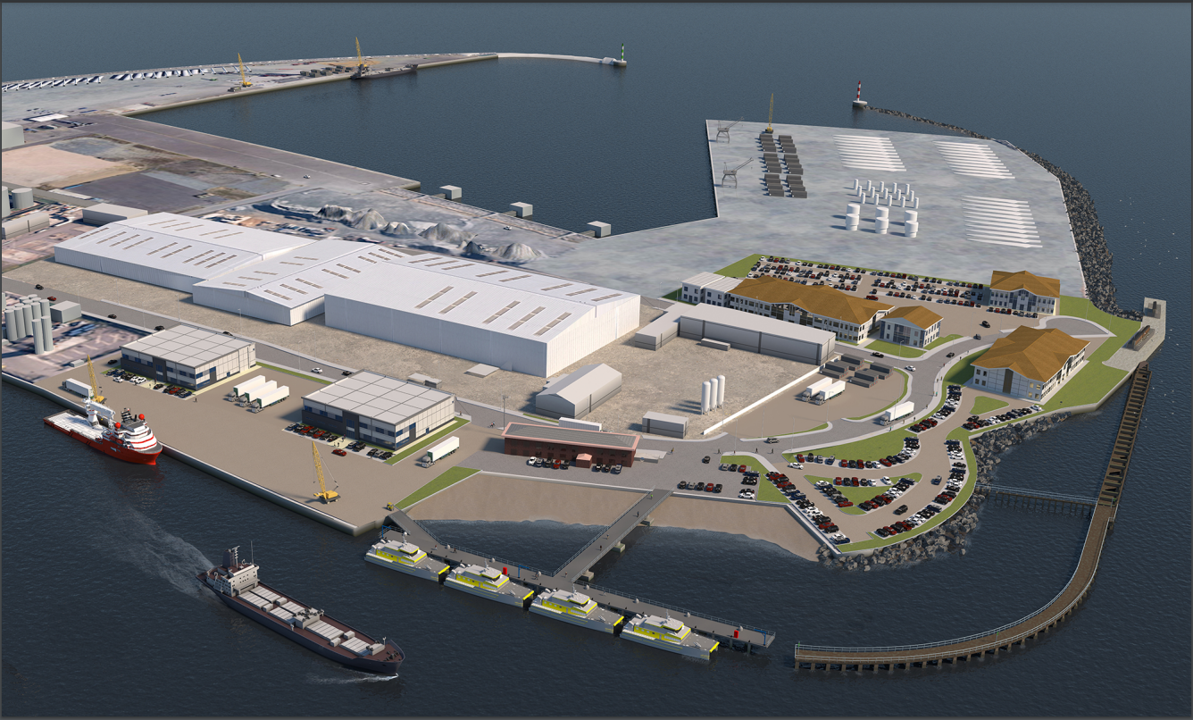 Oblique aerial representation of site depicting multiple large industrial buildings next to sea water