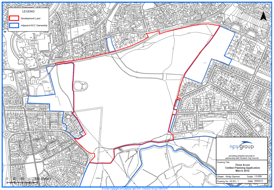 Aerial map drawing of residential area, with site outline marked with a red line